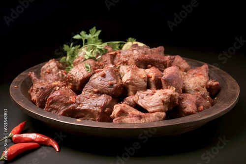 Dried varuval mutton served in dish isolated on background photo