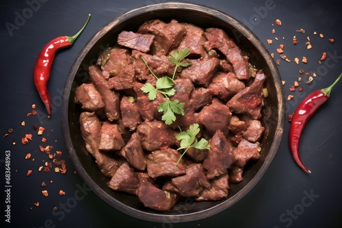 Dried varuval mutton served in dish isolated on background photo