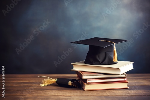 graduation hat and stack of books on the table, educational concept