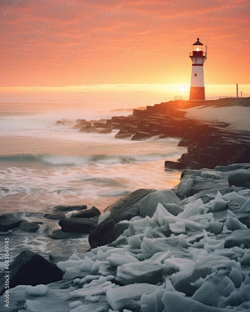 Christmas morning sunrise over a coastal town with a lighthouse