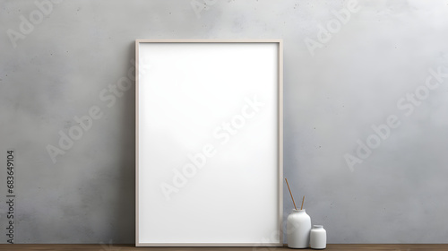Blank white picture frame template for place image or text inside put wood table