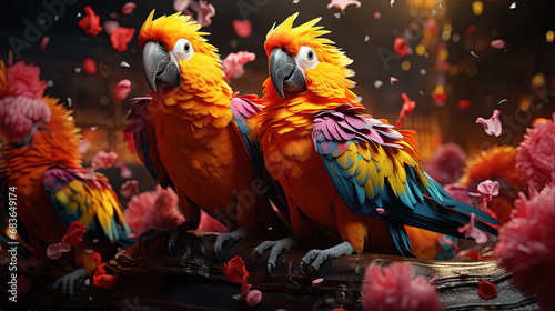 A Flock Of Parrots In The Colors Of The Rainbow With Open Wings Blurry Background