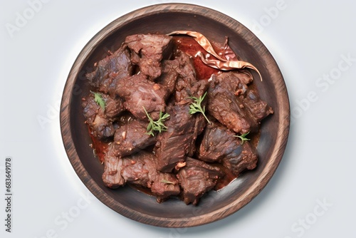 Dried varuval mutton served in dish isolated on background photo