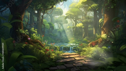 Green tropical forest in the morning. Seamless looping virtual video animation background, anime or cartoon illustration style. Generated with AI photo
