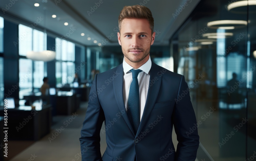 A handsome bank manager, dressed in a suit and with a background inside the bank, approaches you in a state of speaking A handsome bank manager, dressed in a suit and with a background inside the bank, approaches you in a state of speaking