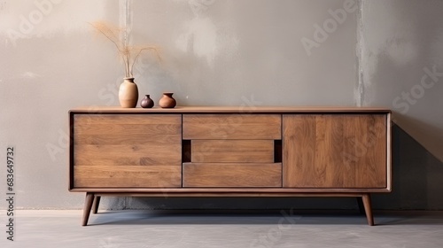Brown wooden chest of drawers against a concrete wall. A modern interior design piece in a rustic style.