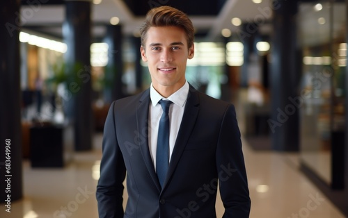 A handsome bank manager, dressed in a suit and with a background inside the bank, approaches you in a state of speaking