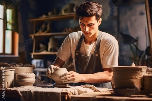 Man potter working making handicraft pots from clay cups