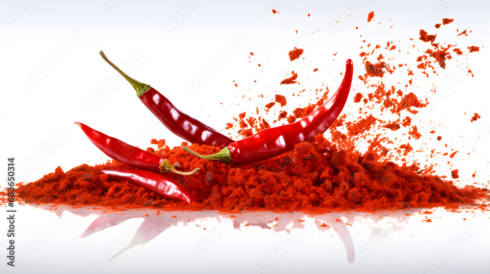 Chili, red pepper flakes and chili powder burst isolated on white background. - obrazy, fototapety, plakaty 