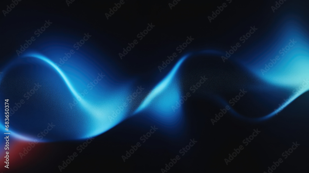 Abstract blue colors gradient wave on black background, blurry lights on dark noise texture,  Navy blue color. Elegant background with space for design. Soft wavy folds