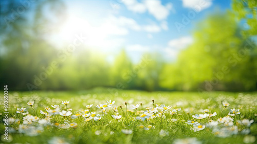 Beautiful blurred spring background nature with blooming glade, trees and blue sky on a sunny day. 