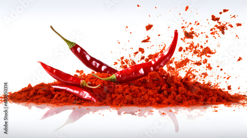 Chili, red pepper flakes and chili powder burst isolated on white background. photo