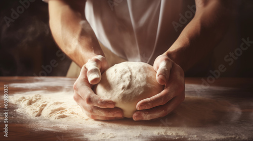 Close-up of baker's hands covered in flour kneading dough. Baker preparing dough for baking. photo