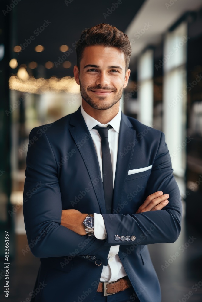 40 years old investment banker in front of a banking office entry in London 40 years old investment banker in front of a banking office entry in London