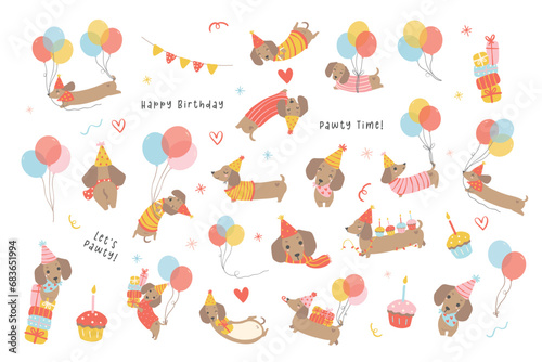 cute birthday Sausage dog dachshund puppy party cartoon illustration set.