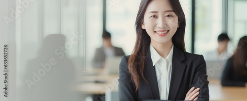 Happy Korea businesswoman professional leader standing in office. Smiling East Asian female employee, Korean woman manager, confident eastern entrepreneur at work. generative AI photo