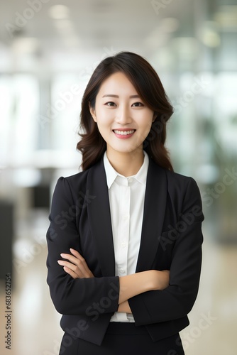 Happy Korea businesswoman professional leader standing in office. Smiling East Asian female employee, Korean woman manager, confident eastern entrepreneur at work. generative AI