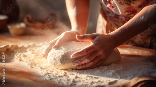 Close-up of baker's hands covered in flour kneading dough. Baker preparing dough for baking. photo