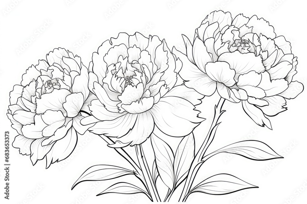 Peony Flowers on white background, illustration. Coloring page. Generative AI