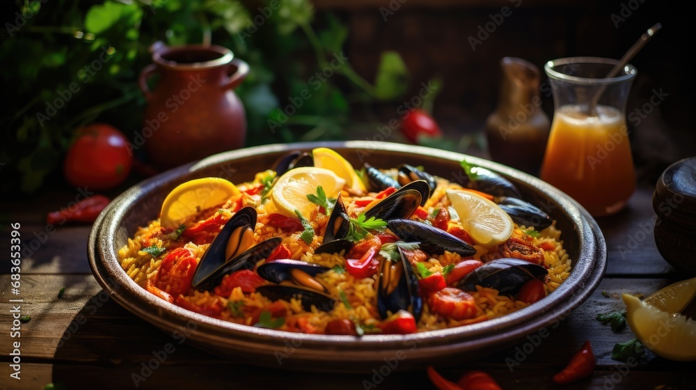 Delicious Spanish paella highlighting mussels and shrimps. Generative AI