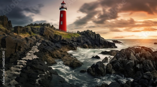 Lighthouse standing on a rock by the ocean. Generative AI