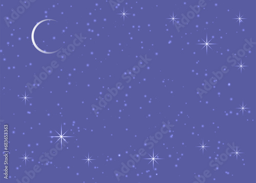 Stars and moon on a blue background. Thin semicircle of the moon, blurred dots  and bright asterisks. Flat style, editable stroke, isolated. Background for decor.
