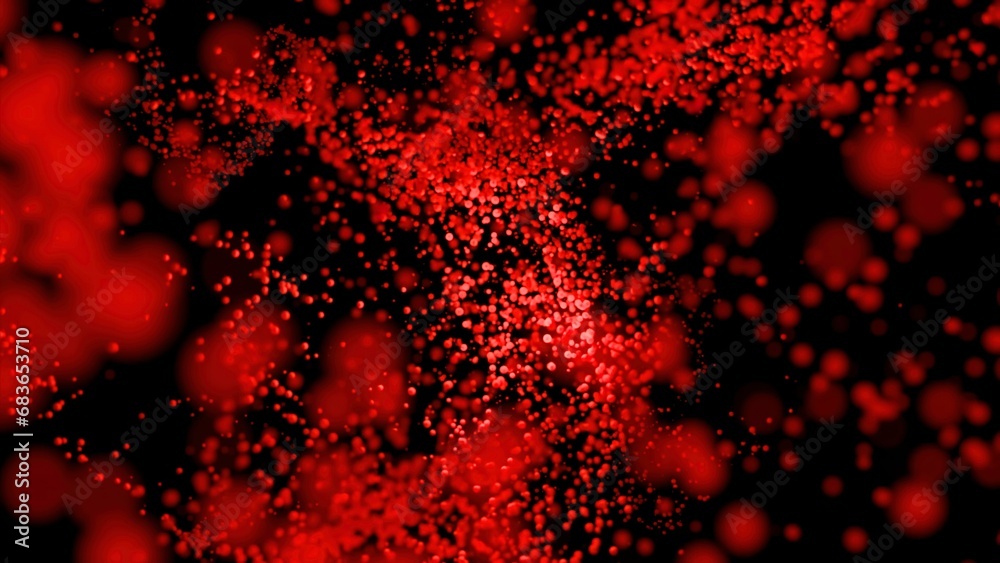 Particles are collected in stream. Design. Colored particles move in single stream in space. Particles move in swarm in stream on black background