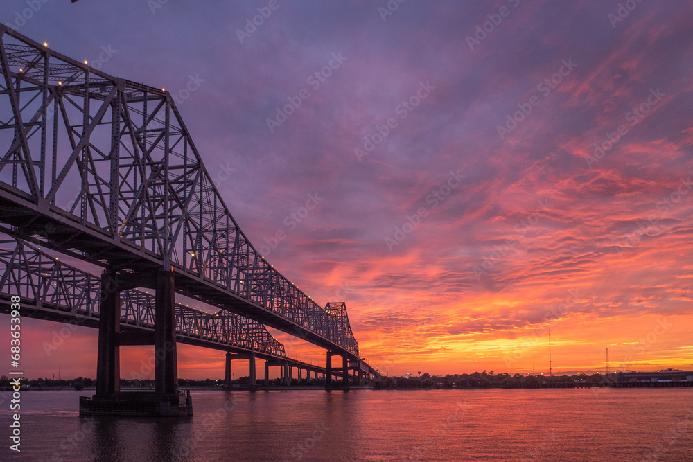 Mississippi River and Bridge at New Orleans in Dawn Light Mississippi River and Bridge at New Orleans in Dawn Light