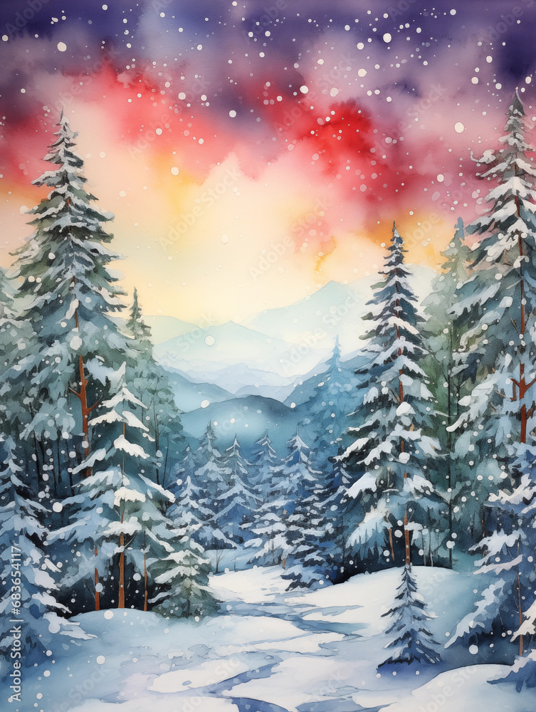 Fototapeta premium Serene Winter Scene in Illustrative Watercolor Style