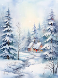 Serene Winter Scene in Illustrative Watercolor Style
