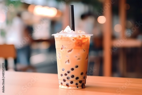 milk tea with boba on wooden table with blur background