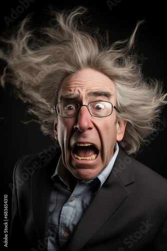 Surprised man with shocked expression with hair flying from strong wind © Rajko