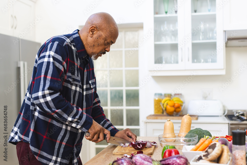 African american senior man preparing vegetables, chopping onions in kitchen African american senior man preparing vegetables, chopping onions in kitchen