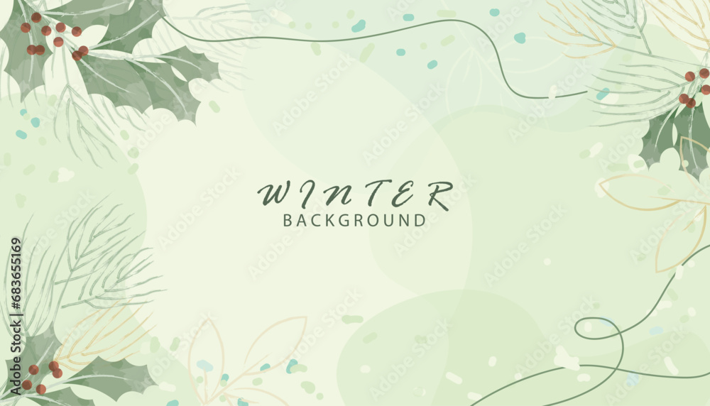 Watercolor winter background design, Flower and botanical leaves watercolor hand drawing. Abstract art wallpaper design for wall arts, wedding and greetings card.