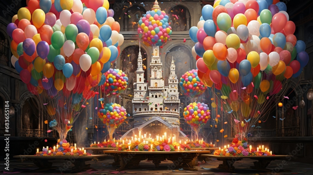 A towering confection adorned with vibrant balloons and shimmering candles, exuding joy and celebration.