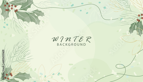 Watercolor winter background design, Flower and botanical leaves watercolor hand drawing. Abstract art wallpaper design for wall arts, wedding and greetings card.