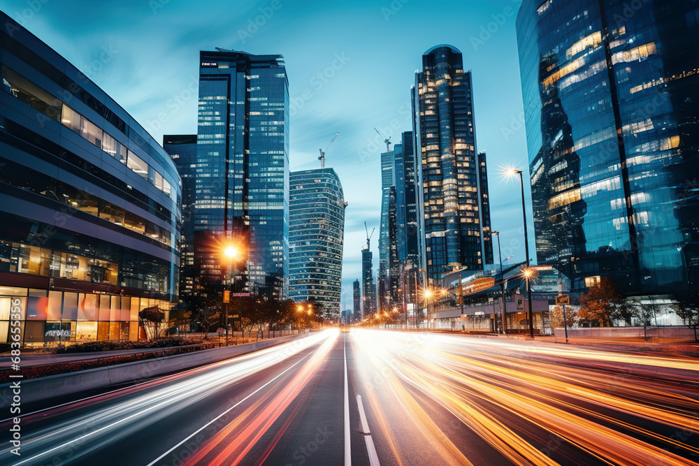 Obraz premium Long Exposure Photo of a City Street at Night. Generative Ai