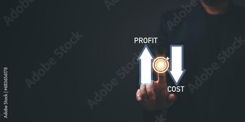 Costs, profit concept, businessman navigates complexities economy, meticulously analyzing costs, profits, finance, market, and investment opportunities to propel business toward sustainable growth