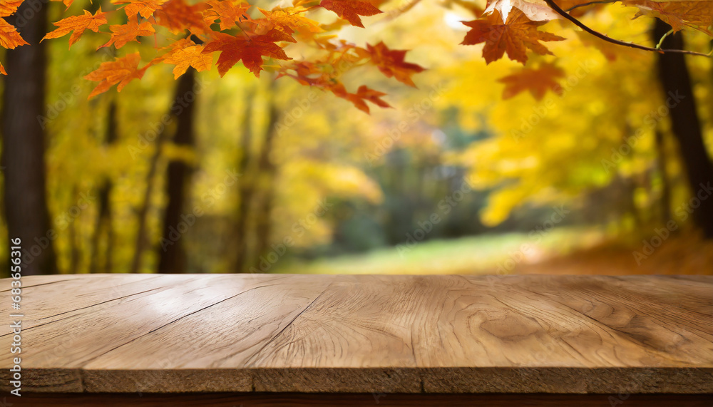 Autumnal Ambiance: Wooden Table Amidst Fall's Splendor