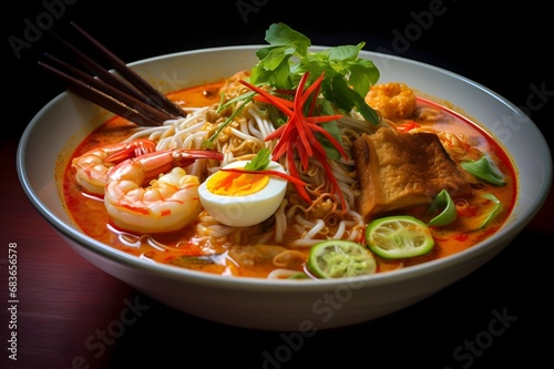 Spicy laksa noodle soup with seafood prawns