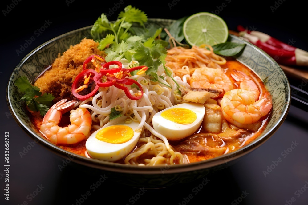 Spicy laksa noodle soup with seafood prawns Spicy laksa noodle soup with seafood prawns