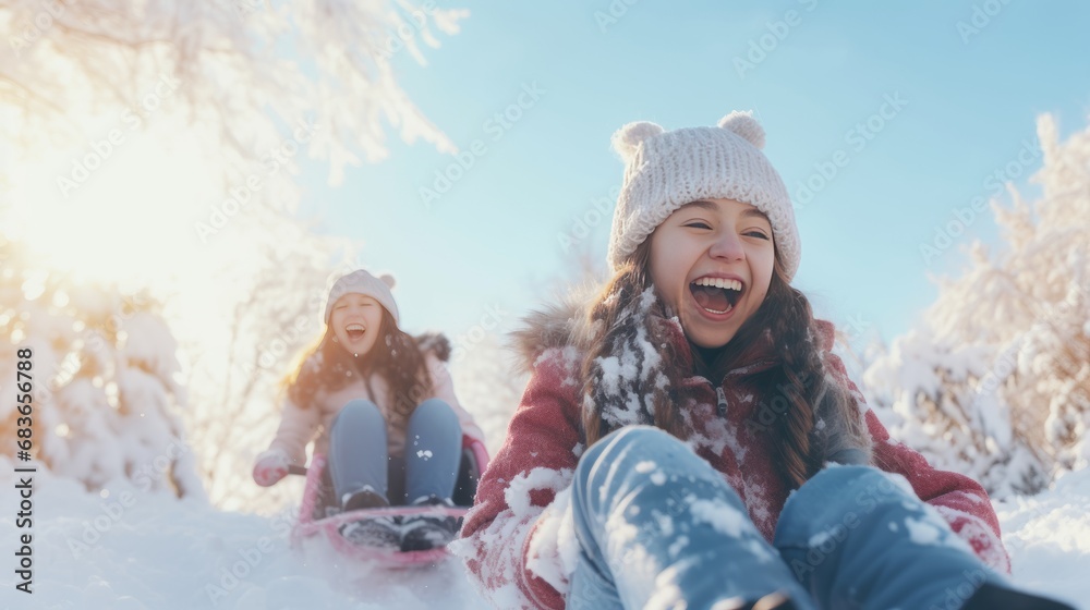 Obraz premium Cheerful people sledding down a snowy mountain.
