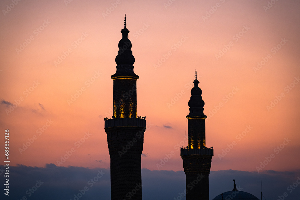 Grand Mosque and its minarets. Ulucami. sunrise time. Bursa, Turkey.