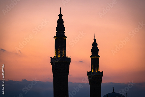 Grand Mosque and its minarets. Ulucami. sunrise time. Bursa  Turkey.