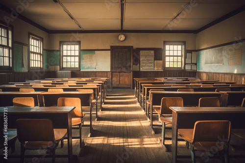 Vintage lecture chairs in empty classroom for Teacher's Day concept with Generative AI.