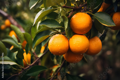 Close up of fresh orange fruits with water drops growing on tree