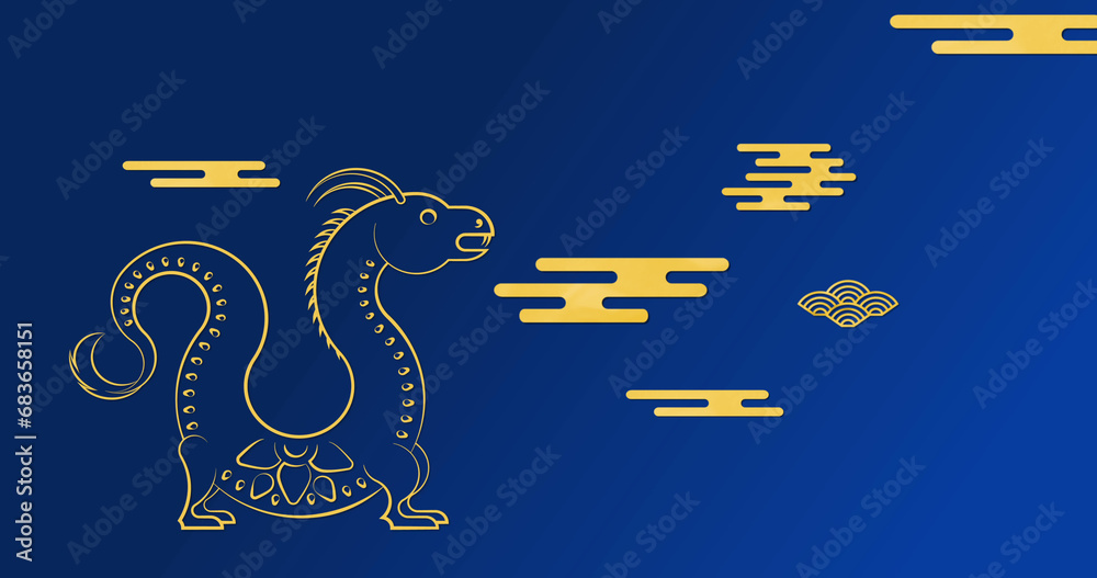 Obraz premium Image of dragon symbol and chinese pattern on blue background