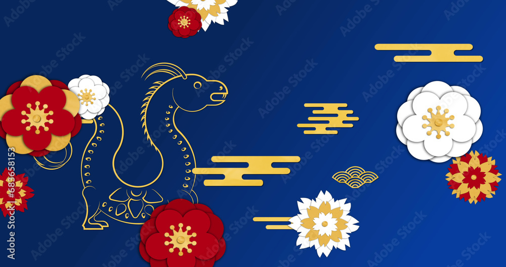 Naklejka premium Image of dragon symbol and chinese pattern on blue background