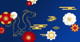 Image of dragon symbol and chinese pattern on blue background
