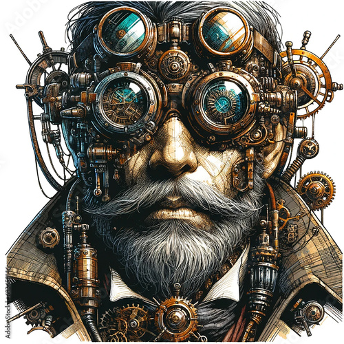 Portrait of a steampunk inventor with goggles and mechanical gadgets, depicted as a concept artwork